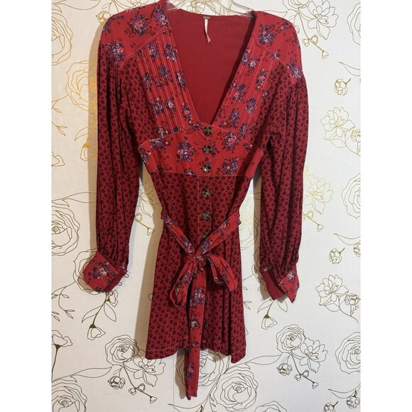 Free People Dress Small Don't Dare Red Mixed Print Mini Babydoll 014 - Picture 3 of 8